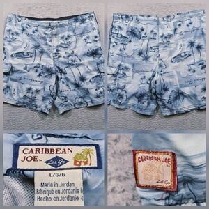 Caribbean Joe Mens L Blue Tropical Floral Island Life Board Swim Shorts EUC